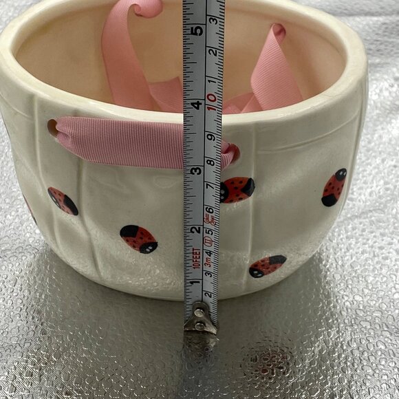 Hand-Painted Ceramic Planter Ladybug Basket White Pink Ribbon Handles Candy Dish - Picture 9 of 9